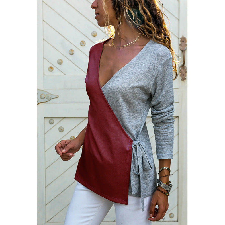 Women's V Neck Cross-Bandage Long Sleeve Sweater