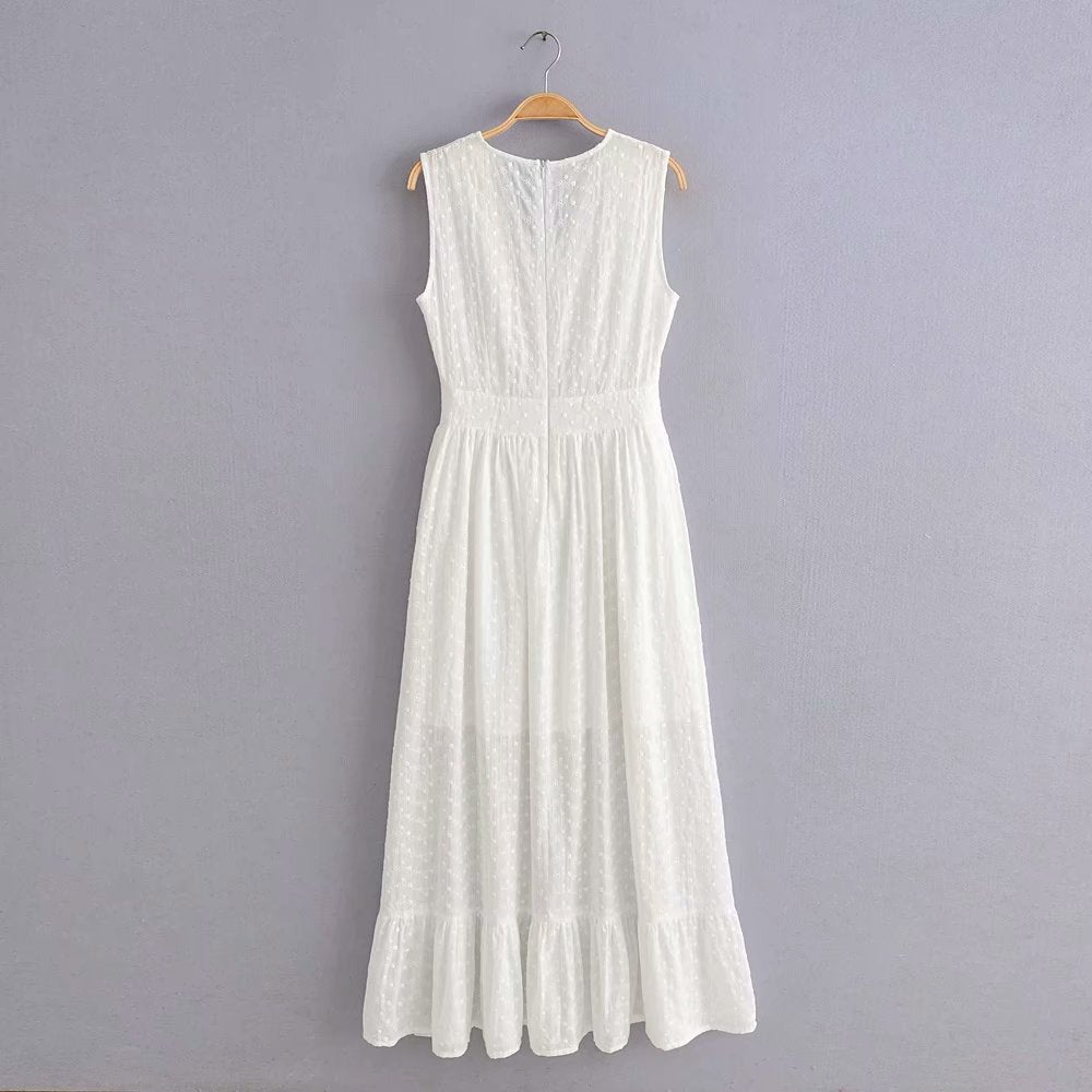 V-neck Hollwed-out Embroidered Maxi Dress Cotton Ruffled Dress