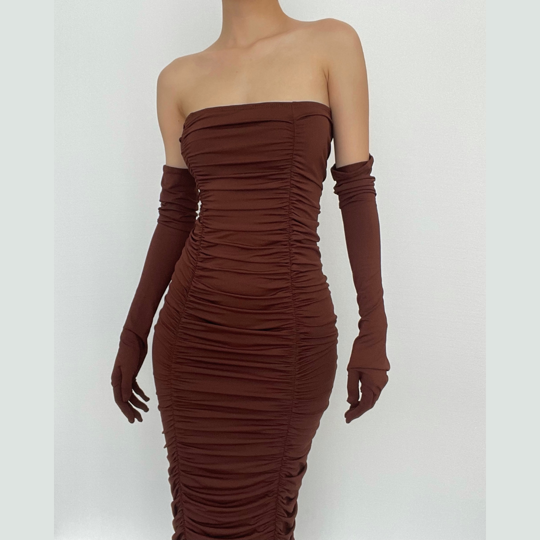 Solid ruched gloves off shoulder backless tube maxi dress