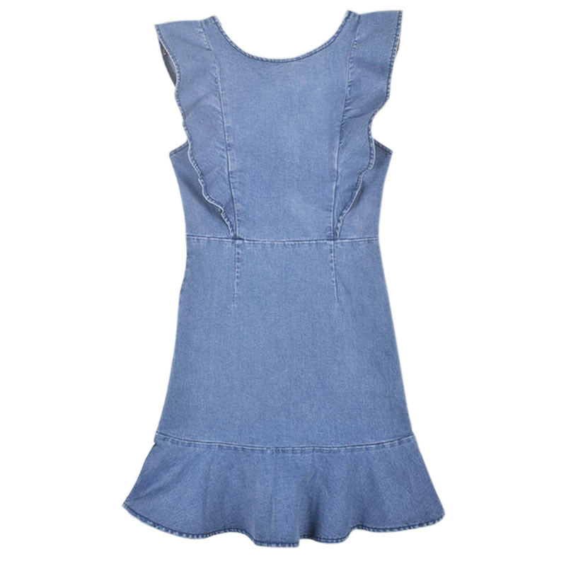 Vacation Blue Denim Ruffles Sleeves Mini Dresses