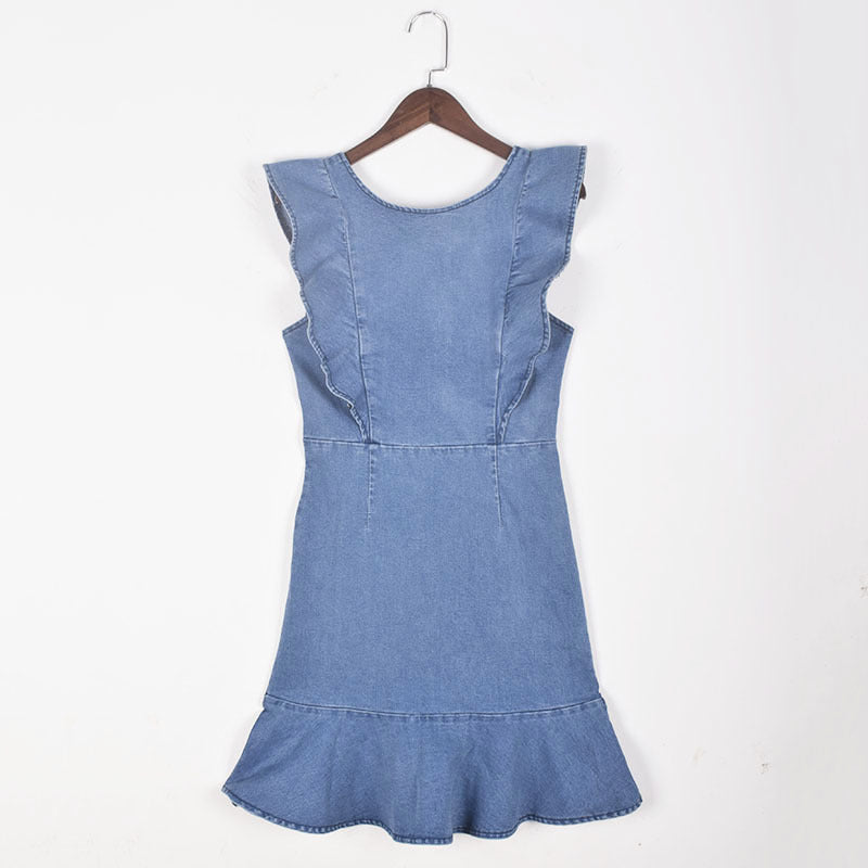 Vacation Blue Denim Ruffles Sleeves Mini Dresses