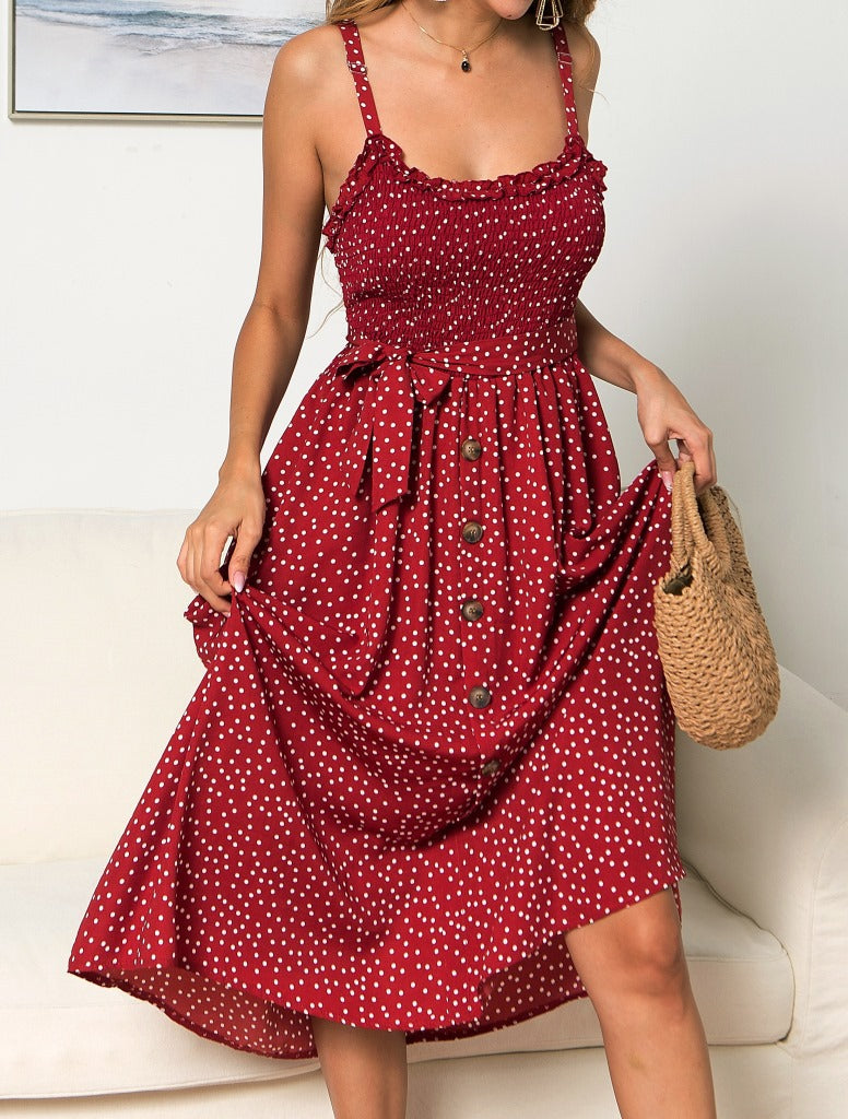 Suspenders Polka Dot Elastic Waist Single-breasted Maxi Dresses