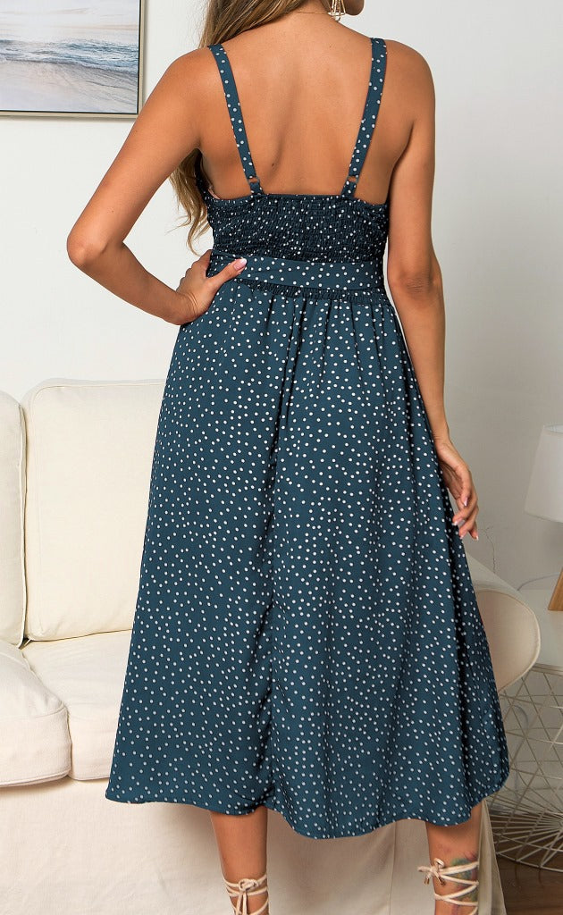 Suspenders Polka Dot Elastic Waist Single-breasted Maxi Dresses