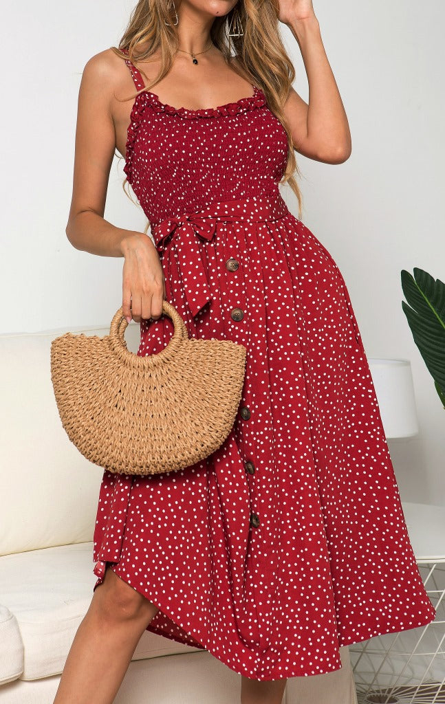 Suspenders Polka Dot Elastic Waist Single-breasted Maxi Dresses