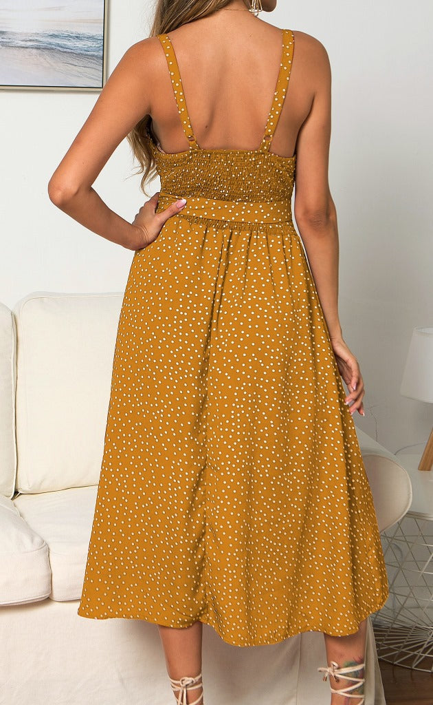 Suspenders Polka Dot Elastic Waist Single-breasted Maxi Dresses