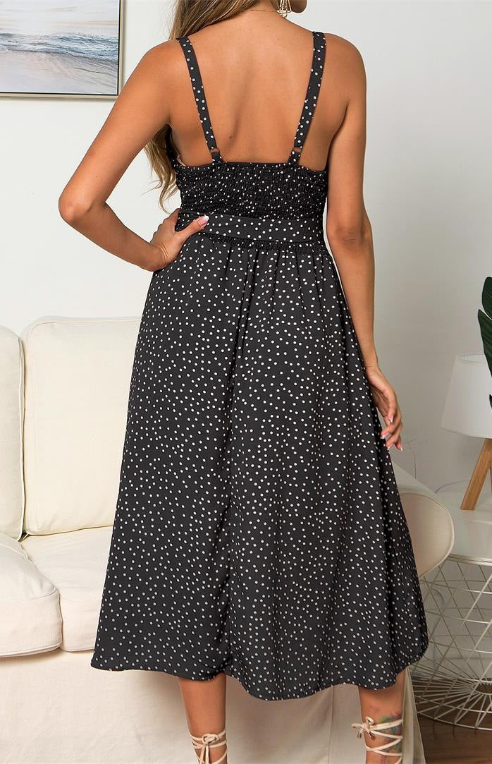 Suspenders Polka Dot Elastic Waist Single-breasted Maxi Dresses