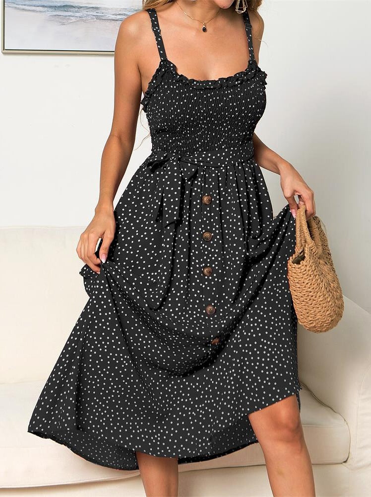 Suspenders Polka Dot Elastic Waist Single-breasted Maxi Dresses