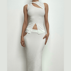 Hollow out solid knotted sleeveless irregular ribbed maxi skirt set