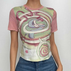 Abstract short sleeve crewneck contrast patchwork top