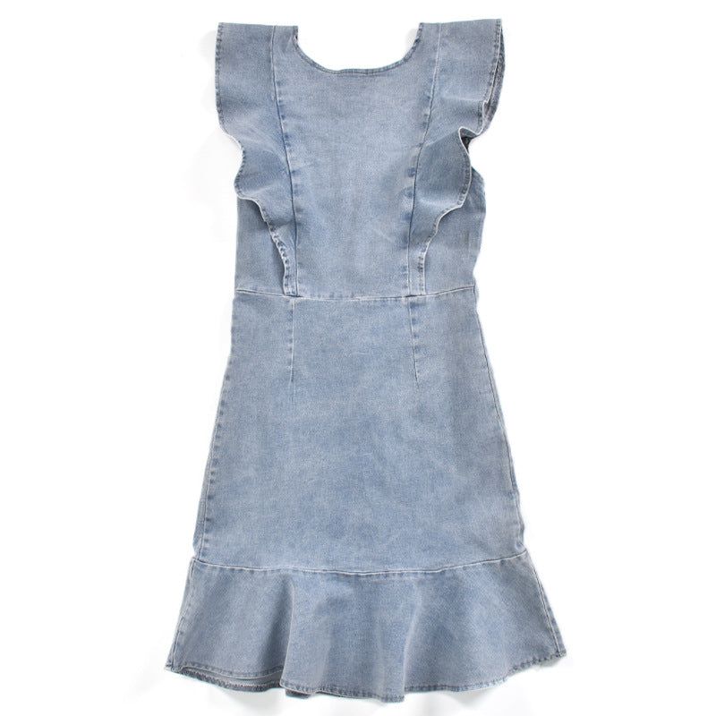 Vacation Blue Denim Ruffles Sleeves Mini Dresses