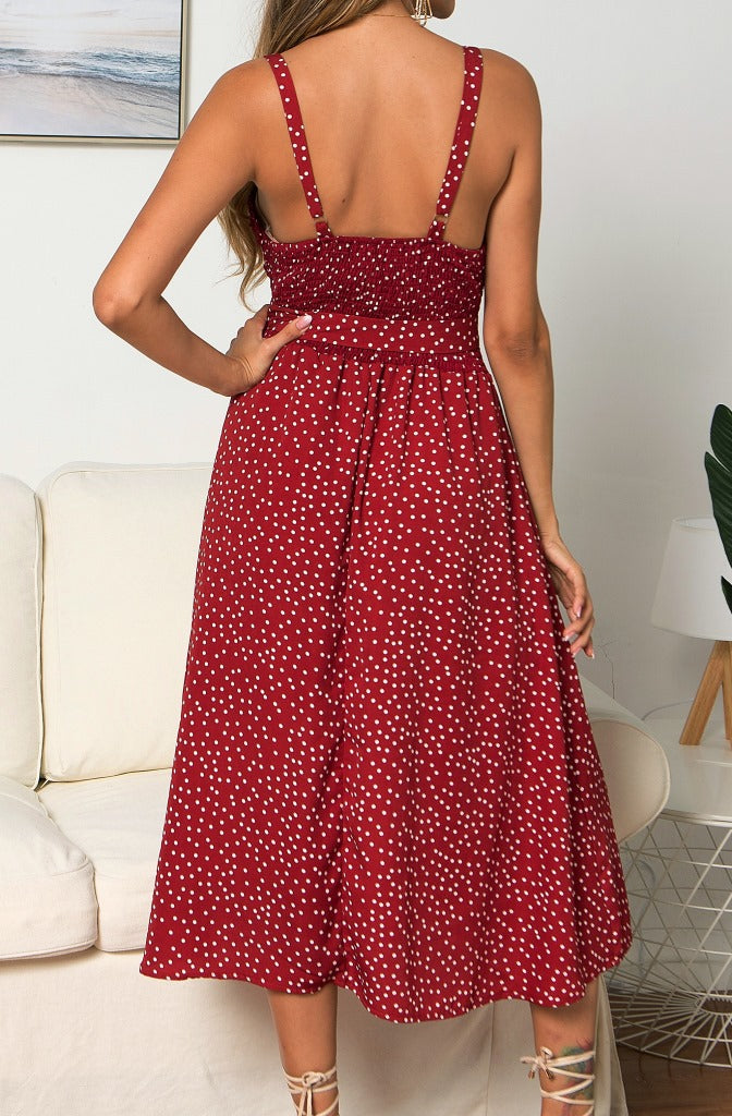 Suspenders Polka Dot Elastic Waist Single-breasted Maxi Dresses