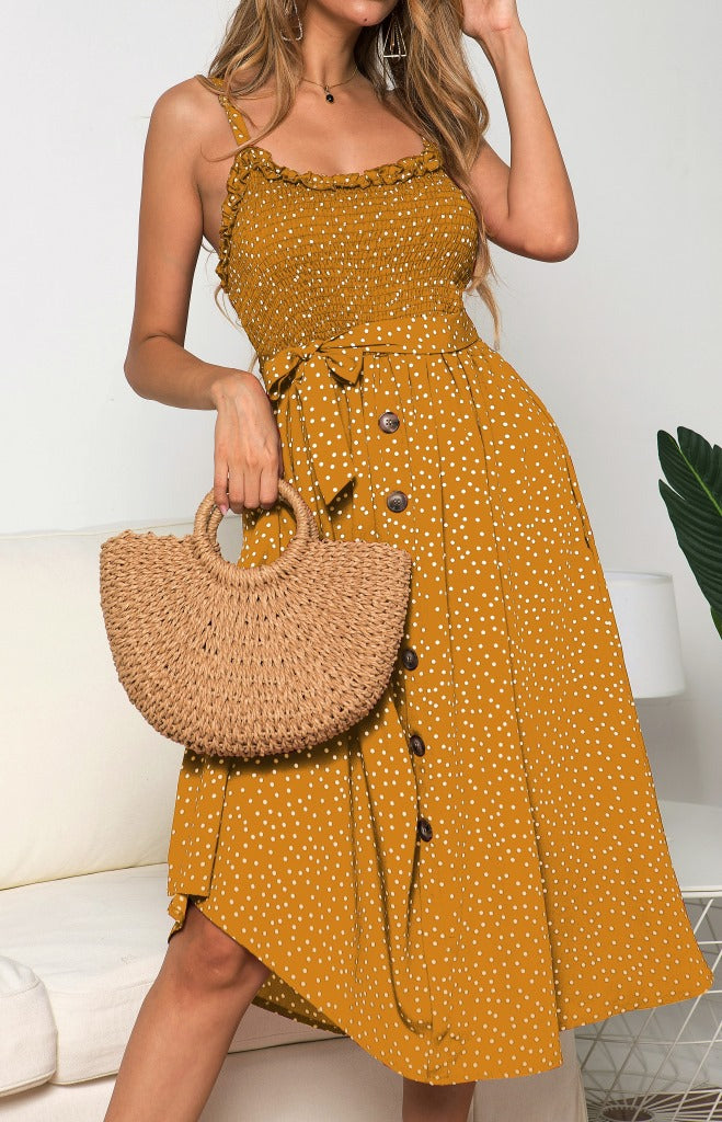 Suspenders Polka Dot Elastic Waist Single-breasted Maxi Dresses