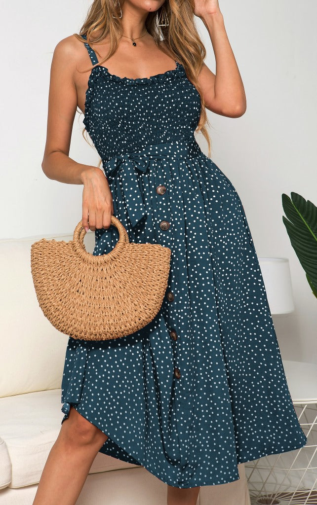 Suspenders Polka Dot Elastic Waist Single-breasted Maxi Dresses