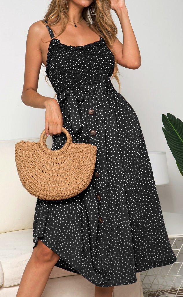 Suspenders Polka Dot Elastic Waist Single-breasted Maxi Dresses