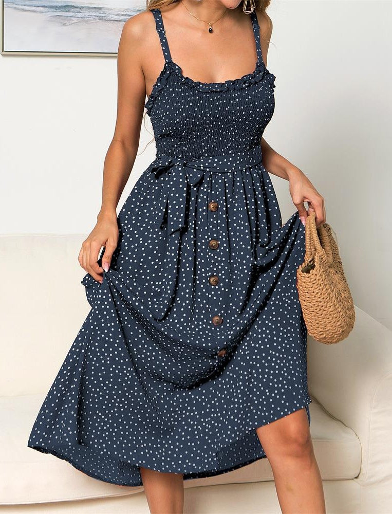 Suspenders Polka Dot Elastic Waist Single-breasted Maxi Dresses