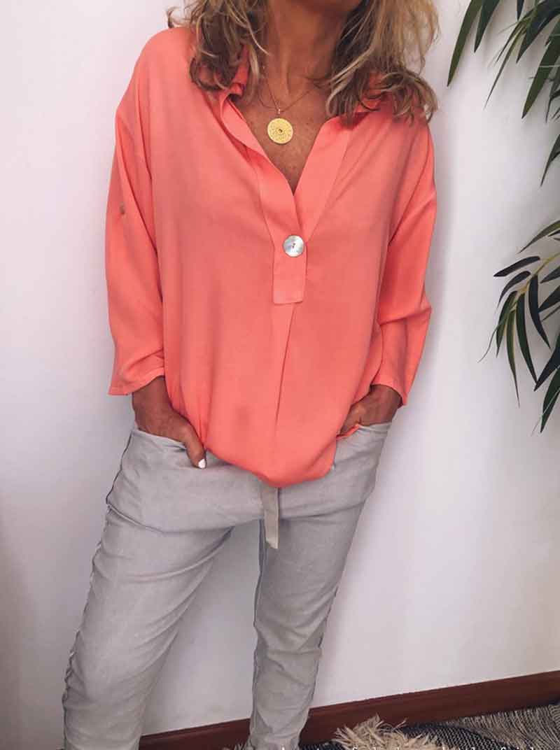 Women V Neck Button Breathable Loose Shirt