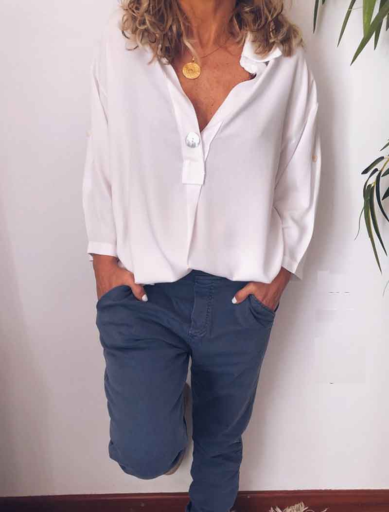 Women V Neck Button Breathable Loose Shirt