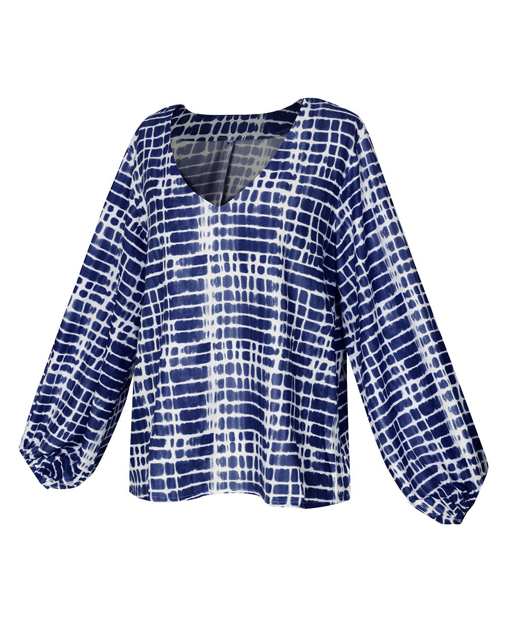 Women V Collar Ncek Printed Square Long Sleeve Tight Cuff Loose Shirt