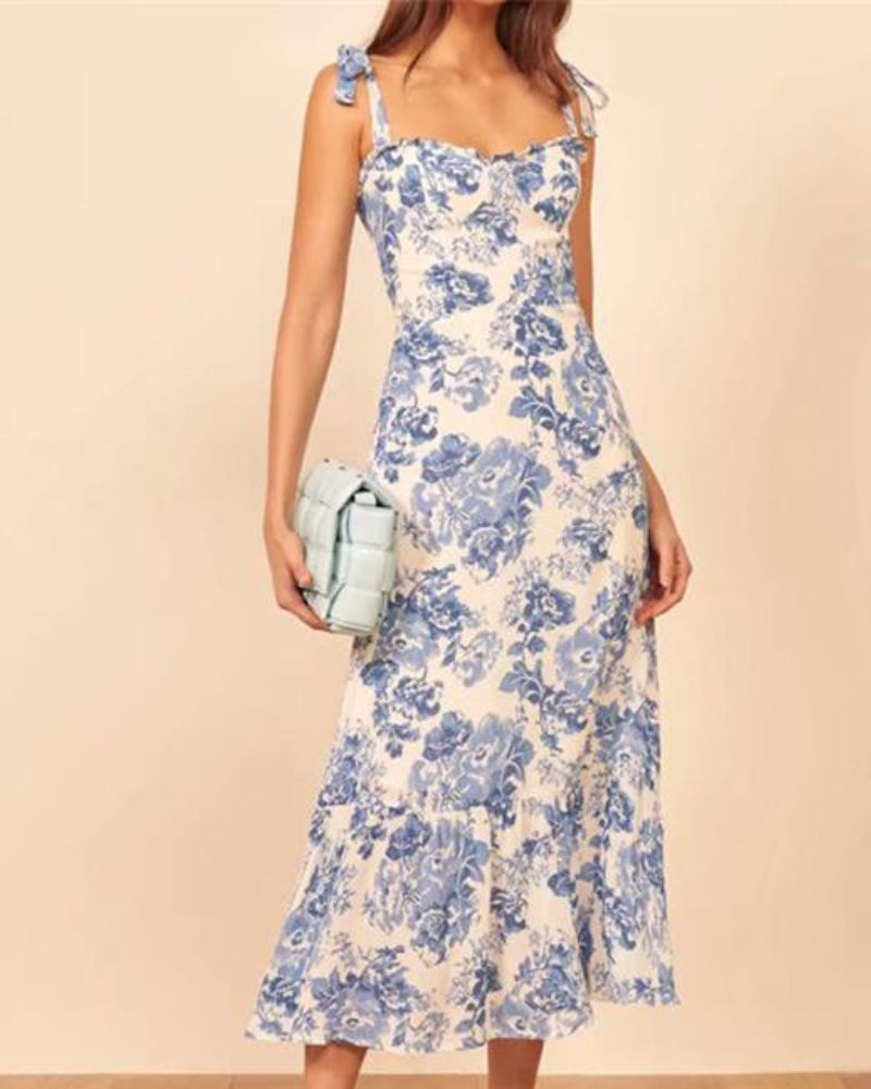 Suspenders Tube Top Lace-up Backless Floral Midi Dresses