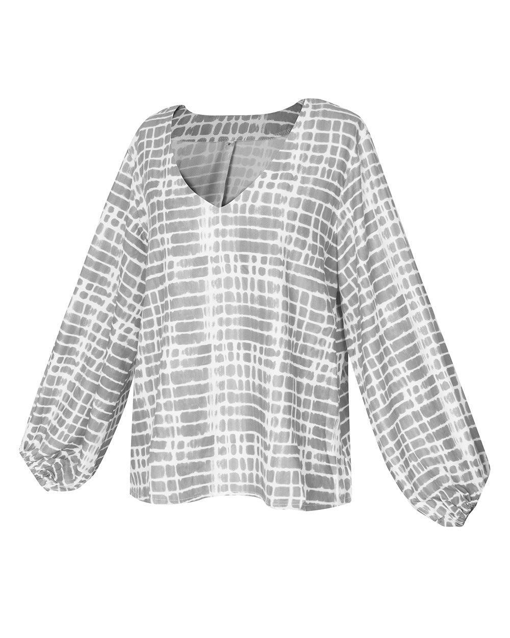 Women V Collar Ncek Printed Square Long Sleeve Tight Cuff Loose Shirt