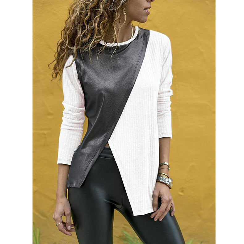 Women's Round Neck Leather Irregular Splicing Sweater