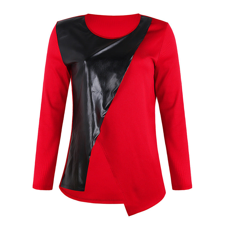 Women's Round Neck Leather Irregular Splicing Sweater