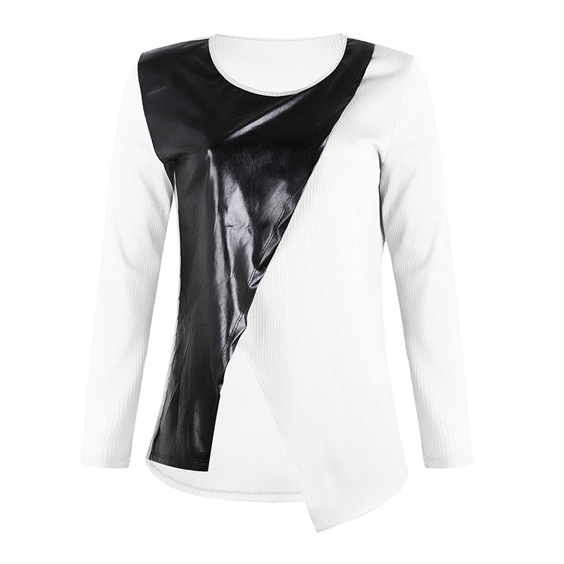 Women's Round Neck Leather Irregular Splicing Sweater