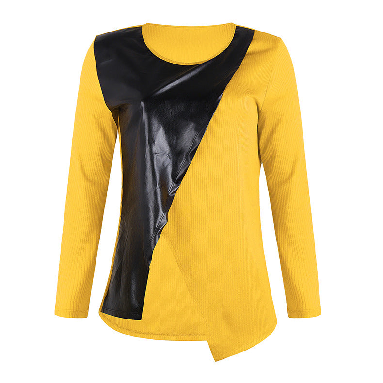 Women's Round Neck Leather Irregular Splicing Sweater