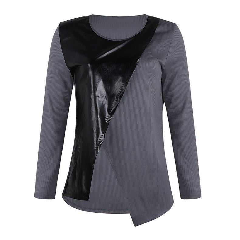 Women's Round Neck Leather Irregular Splicing Sweater