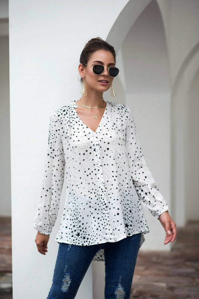 Women V Neck Single Breasted Star Pattern Printed Shirt