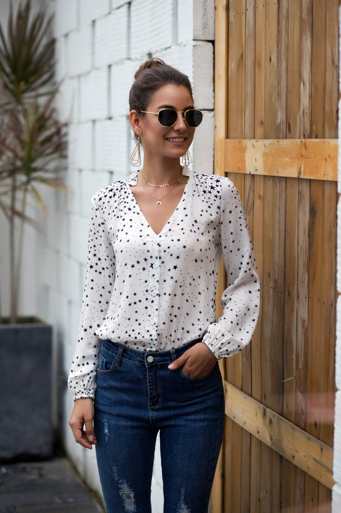 Women V Neck Single Breasted Star Pattern Printed Shirt