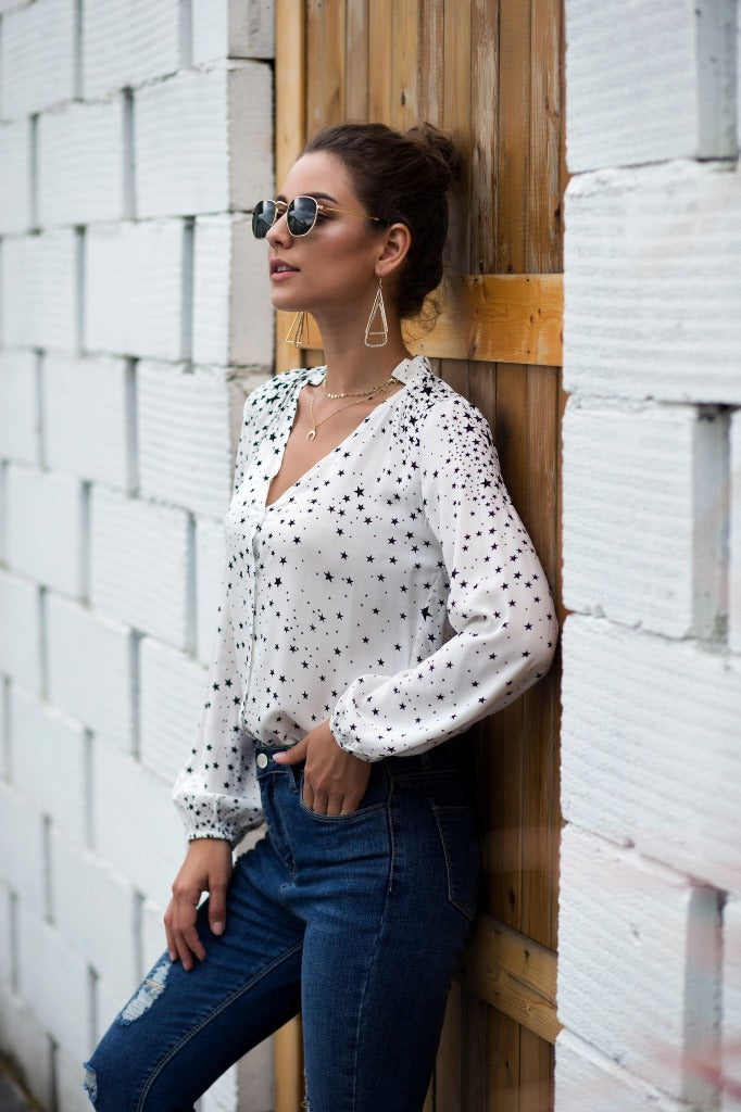 Women V Neck Single Breasted Star Pattern Printed Shirt