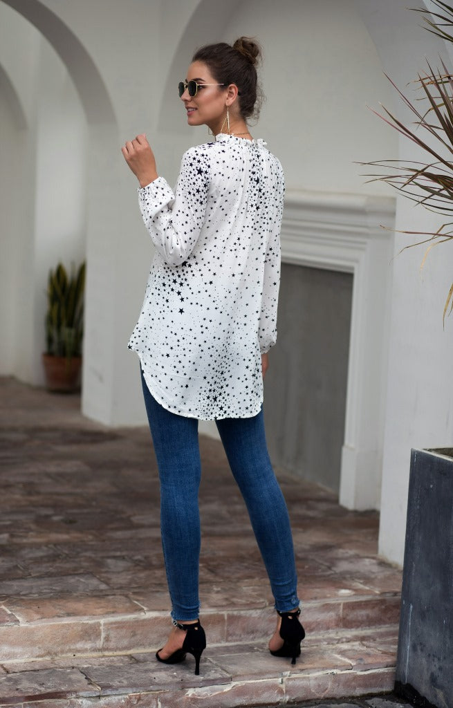 Women V Neck Single Breasted Star Pattern Printed Shirt