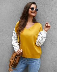 Women V-Collar Contrast Color Splicing Long Sleeve Sweater