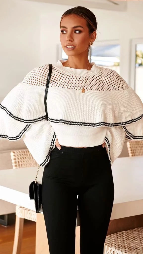 Splicing Hollow-out Flared Sleeve Knit Sweater