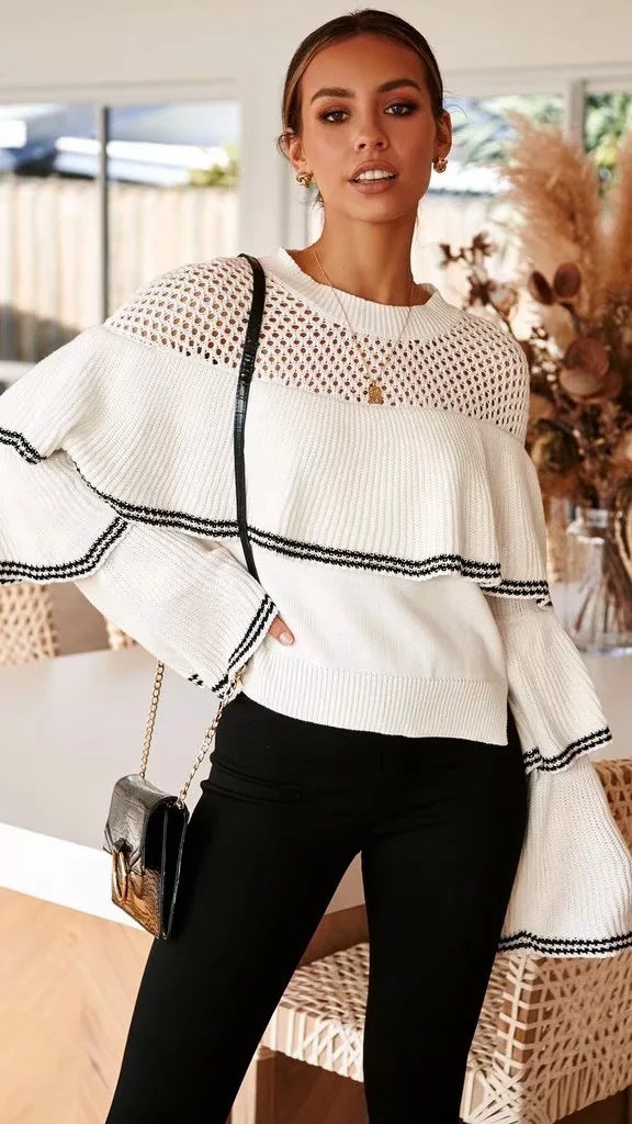 Splicing Hollow-out Flared Sleeve Knit Sweater