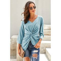 Women V Neck Collar Seven Quarter Sleeve Slim Shirt