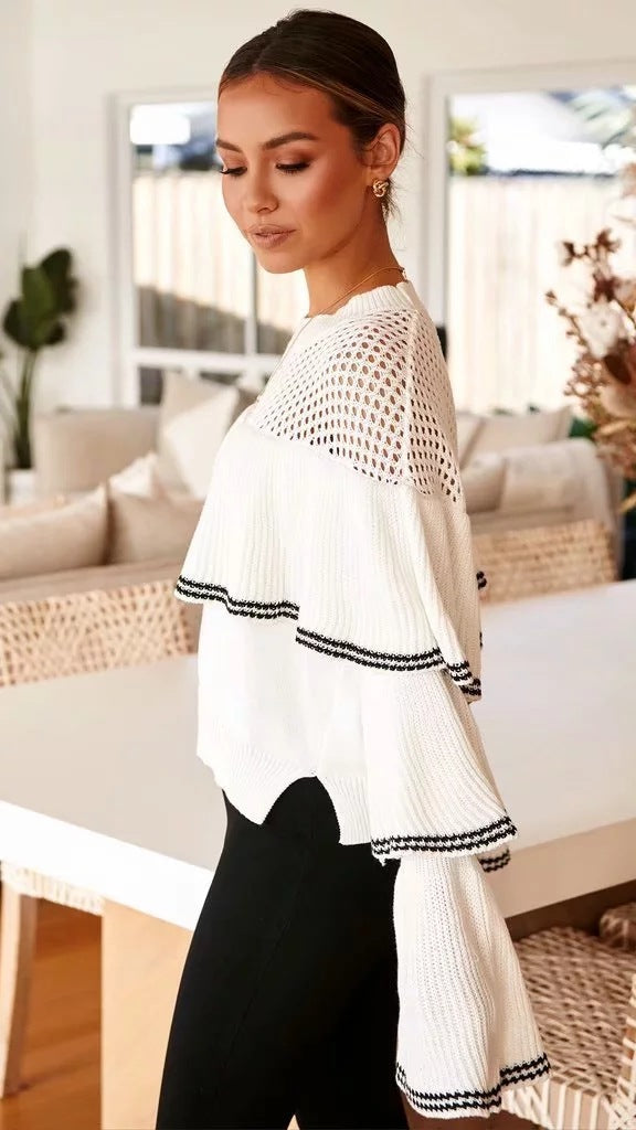 Splicing Hollow-out Flared Sleeve Knit Sweater