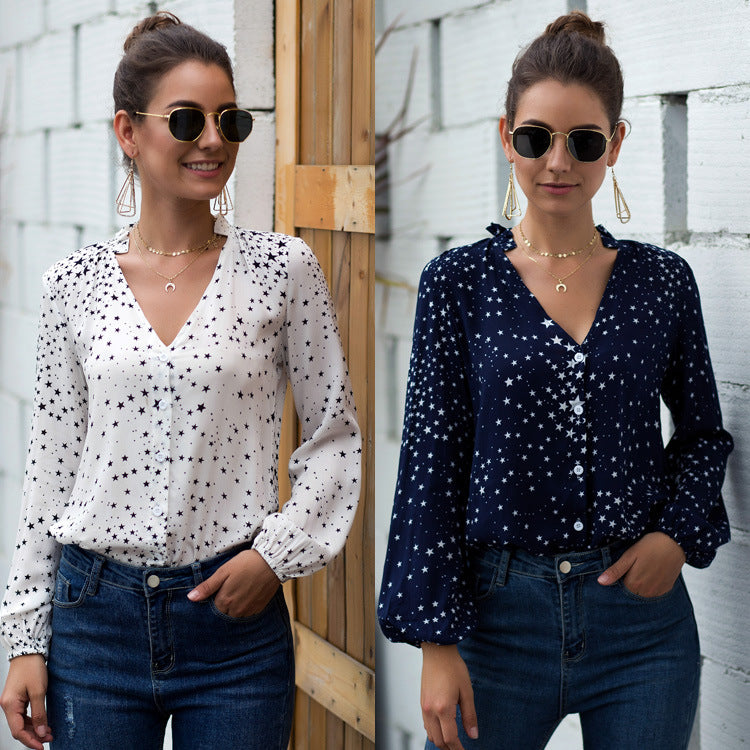 Women V Neck Single Breasted Star Pattern Printed Shirt