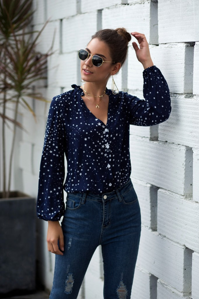 Women V Neck Single Breasted Star Pattern Printed Shirt