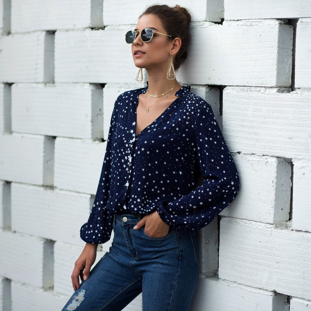 Women V Neck Single Breasted Star Pattern Printed Shirt