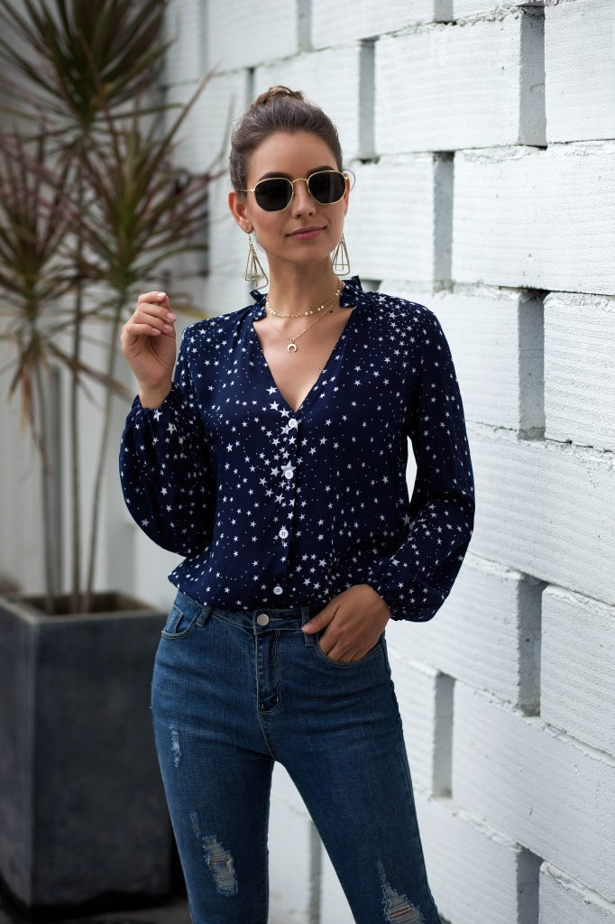 Women V Neck Single Breasted Star Pattern Printed Shirt