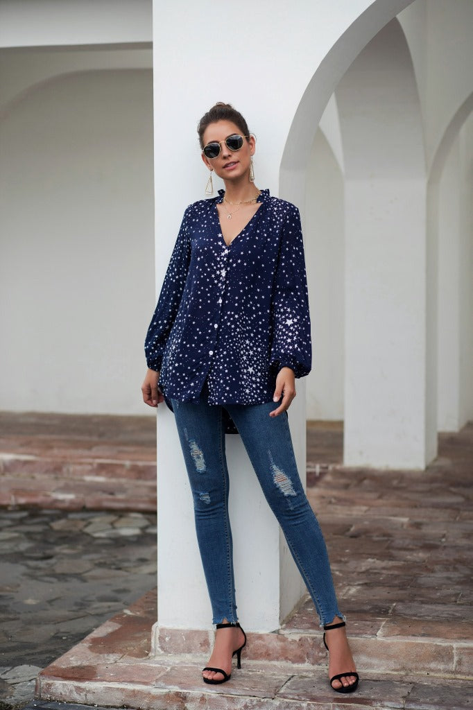 Women V Neck Single Breasted Star Pattern Printed Shirt