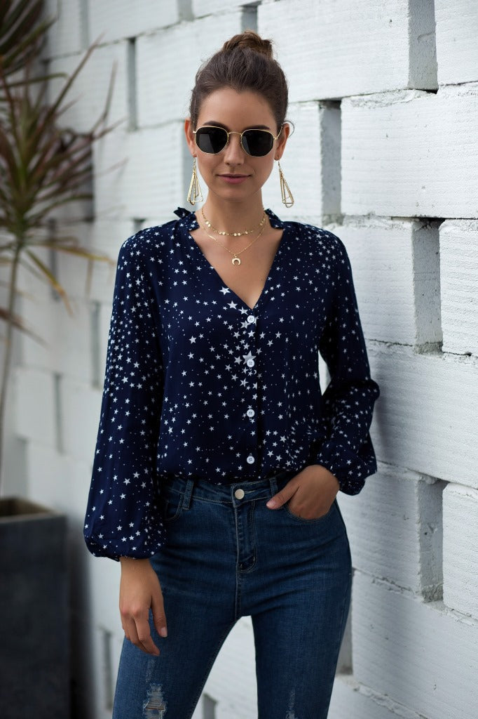 Women V Neck Single Breasted Star Pattern Printed Shirt