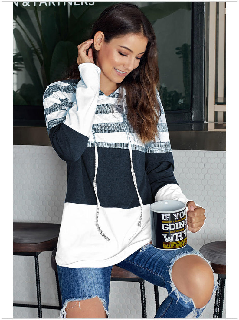 Women Contrast Color Loose Long Sleeve Hooded Hoodie Sweater