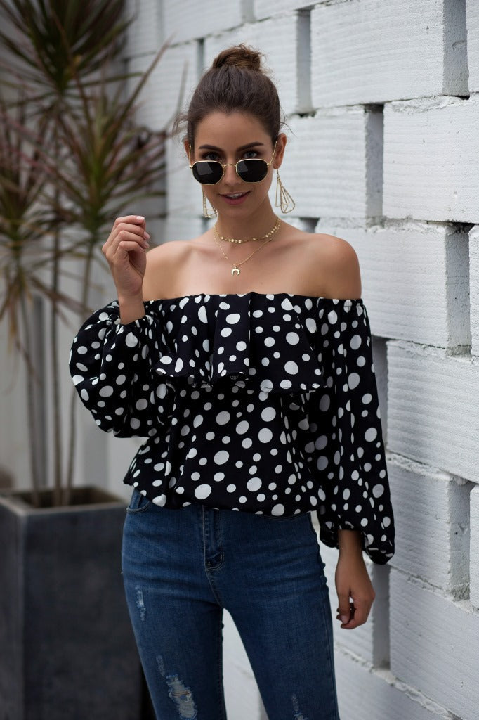 Women Sexy Off The Shoulder Puff Sleeve Polka Dot Shirt Top