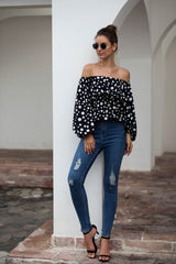 Women Sexy Off The Shoulder Puff Sleeve Polka Dot Shirt Top