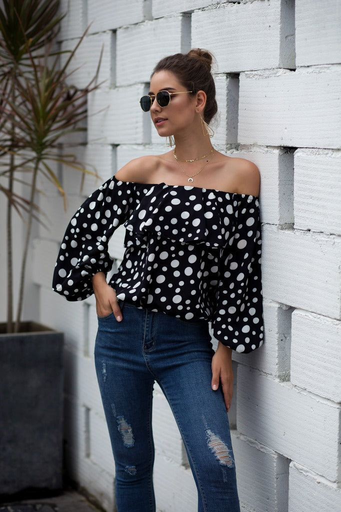 Women Sexy Off The Shoulder Puff Sleeve Polka Dot Shirt Top