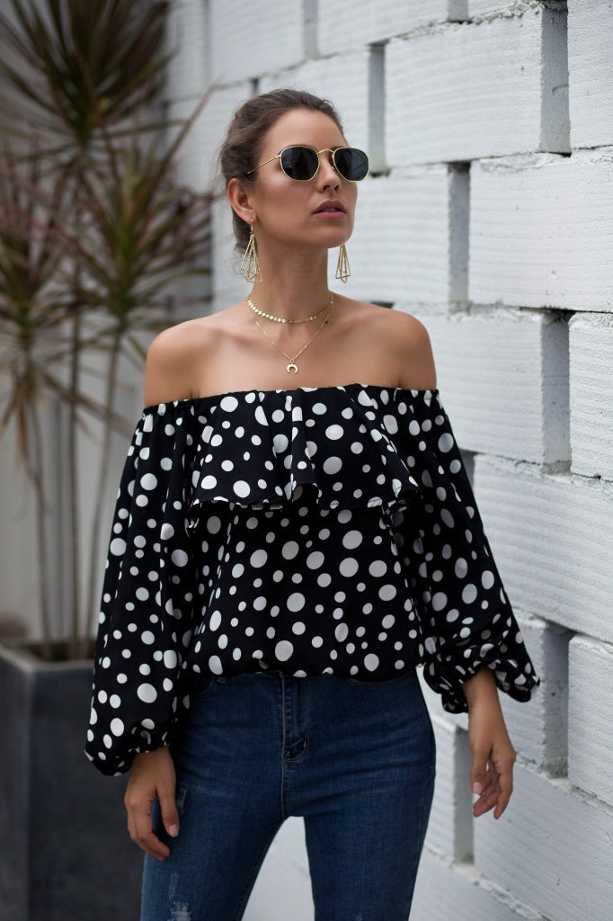 Women Sexy Off The Shoulder Puff Sleeve Polka Dot Shirt Top