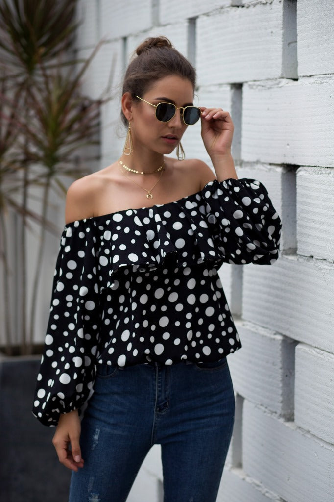 Women Sexy Off The Shoulder Puff Sleeve Polka Dot Shirt Top